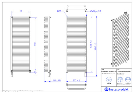 Instal Projekt Standard 3D Electro Grzejnik elektryczny  50x140 cm biały połysk/white silk STDE-50/140+GH-09C1