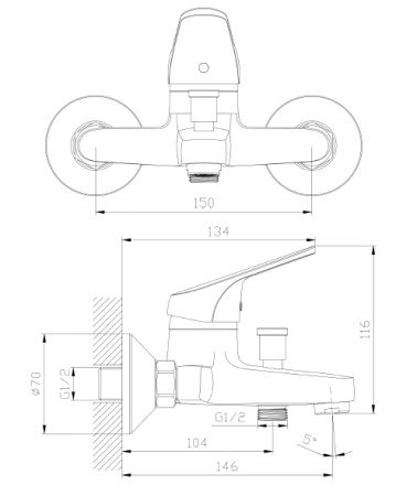 Bateria wannowa ścienna z przełącznikiem natrysku, chrom