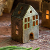 House Tealight Holder Antique Gold 85x70x140mm