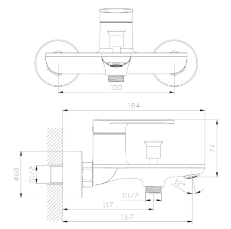 Bateria wannowa ścienna z przełącznikiem natrysku, chrom