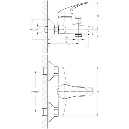 HOFFER bateria wannowa ścienna, rozstaw 150mm, chrom