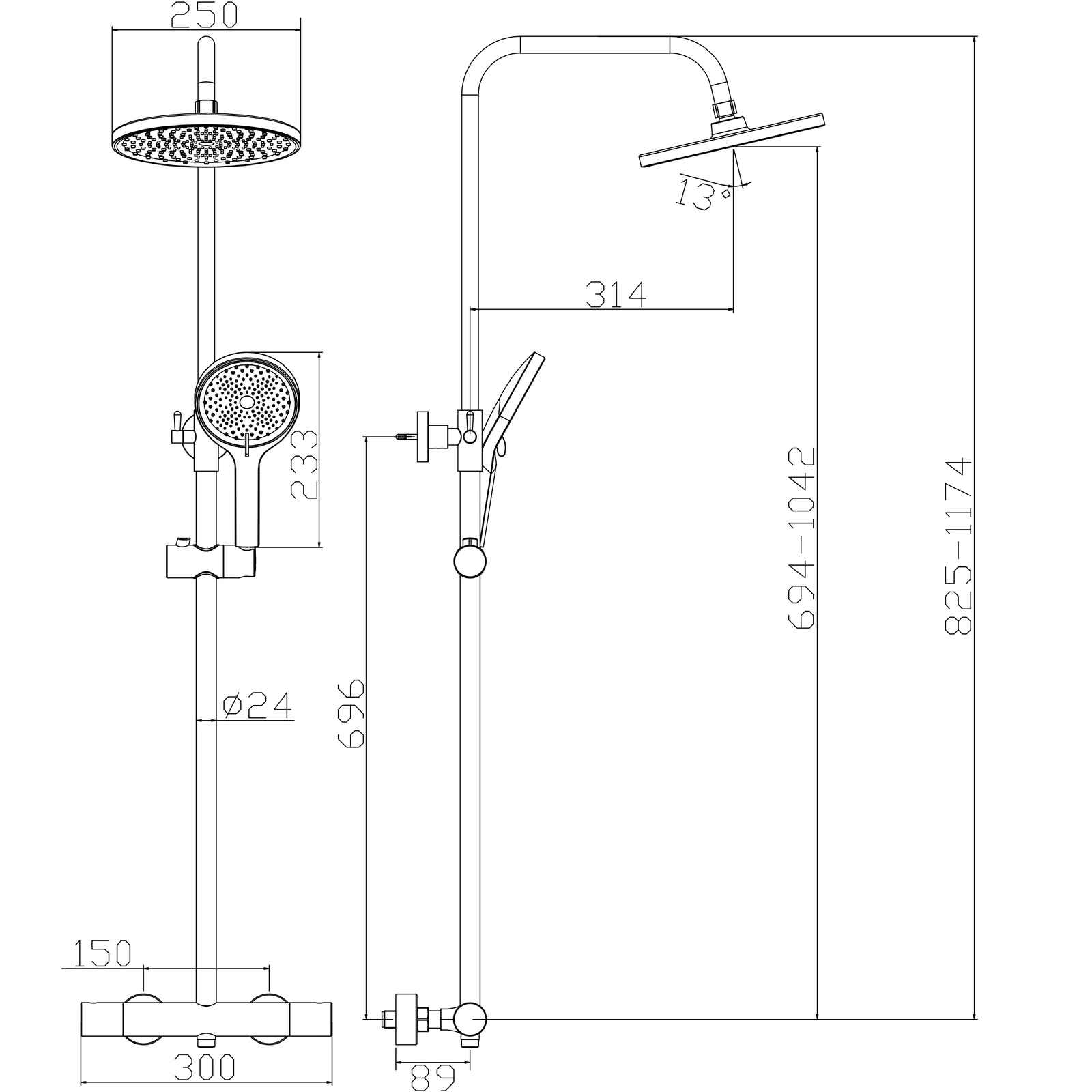 Deszczownica z baterią prysznicową termostatyczną dwufunkcyjną AVAPAX THERMO Czarny Mat ADTH6213T1 – schemat techniczny