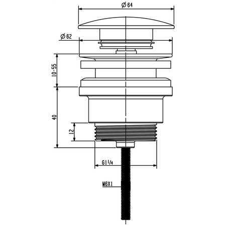 Odpływ umywalkowy 5/4”, klik-klak, duży korek, 10-55mm, czarny mat