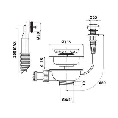 Spustowe stal nierdzewna zlewozmywakowe 6/4" z przelewem i regulacją, gun metal
