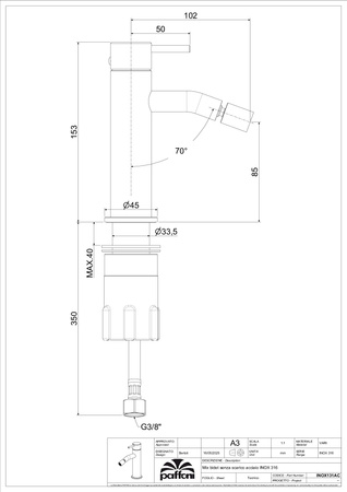 Bateria bidetowa stojąca (bez korka)-Paffoni/kolekcja Inox Tech