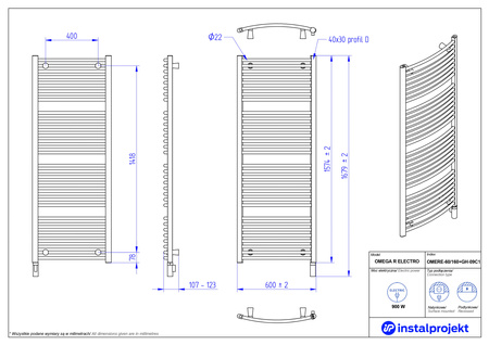 Instal Projekt Omer Electro Grzejnik elektryczny  60x160 cm biały połysk/white silk OMERE-60/160+GH-09C1