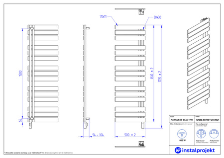 Instal Projekt Nameless Electro Grzejnik elektryczny  50x160 cm biały mat/white mat NAME-50/160C34+GH-06C1