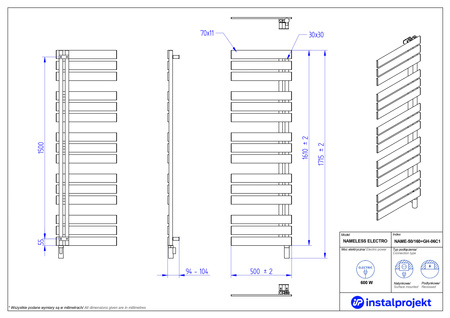 Instal Projekt Nameless Electro Grzejnik elektryczny  50x160 cm czarna struktura/black structure NAME-50/160C33+GH-06C2