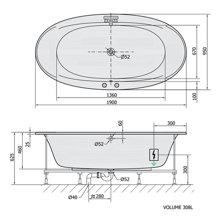 STADIUM wanna z hydromasażem, 190x95x46cm, Active Hydro-Air, chrom