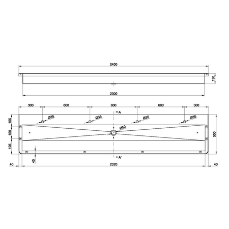 Umywalka wielostanowiskowa ścienna 2400x130x500 mm, stal nierdzewna mat