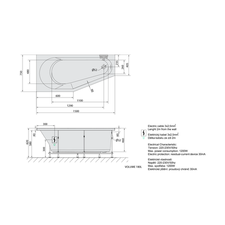 TIGRA L wanna z hydromasażem, 150x75x46cm, Active Hydro, chrom