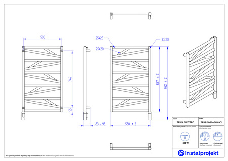 Instal Projekt Trick Electro Grzejnik elektryczny  50x90 cm biały mat/white mat TRKE-50/90C34+GH-03C1