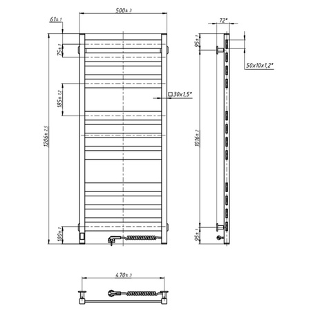 Elektryczny grzejnik łazienkowy LARGO 500х1200 Sensor prawa, timer, biały welur