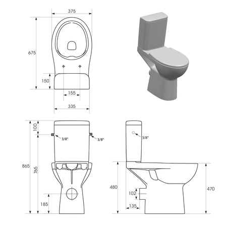 HANDICAP kompakt WC wysoki, Rimless, odpływ poziomy, biały