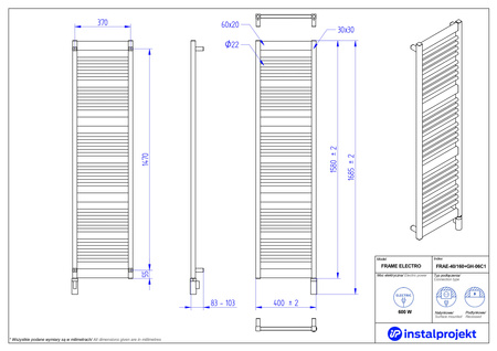 Instal Projekt Frame Electro Grzejnik elektryczny  40x160 cm biały mat/white mat FRAE-40/160C34+GH-06C1