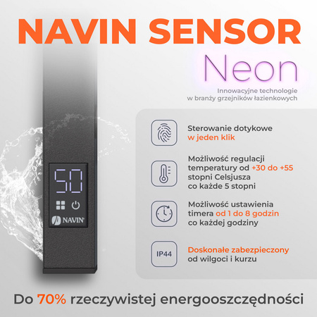Elektryczny grzejnik łazienkowy Navin Avangard 360x800 Sensor, mora czarna, prawy, timer