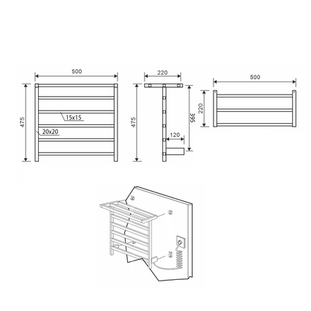 ELZOR elektryczna suszarka na ręczniki 500x470 mm, 60 W, czarny mat
