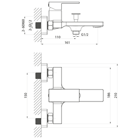 CUBEMIX bateria wannowa ścienna, chrom