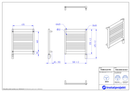 Instal Projekt Frame Electro Grzejnik elektryczny  50x60 cm biały mat/white mat FRAE-50/60C34+GH-03C1
