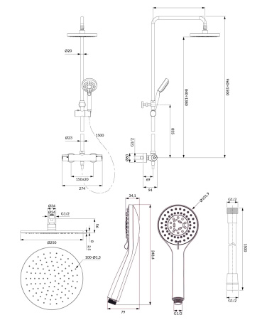 Y termostatyczny system prysznicowy natynkowy, chrom połysk