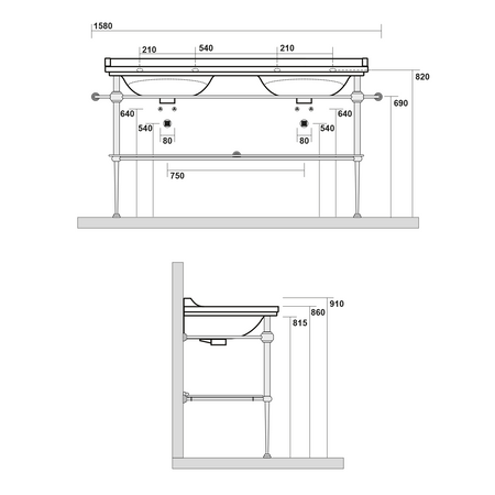 WALDORF podpora podwójnej umywalki 150 cm z półką szklaną, chrom