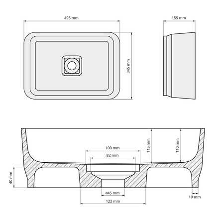 BANERA SQUARE umywalka kompozytowa nablatowa, 50x36cm, biały/beż mat