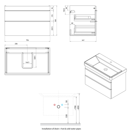 SITIA szafka umywalkowa 75,6x50x44,2cm, 2 szuflady, dąb srebrny