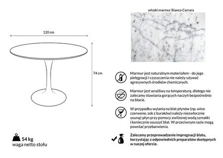 Stół TULIP MARBLE 120 CARRARA biały -     marmur, metal