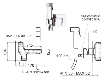 SPECTRE bateria bidetowa podtynkowa ze słuchawką bidetową i wężem, chrom