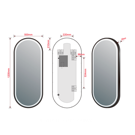 KAIRA lustro owalne z oświetleniem LED 50x120cm, czarny mat