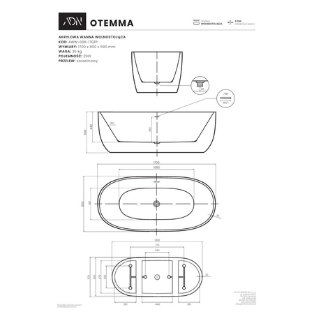 Wanna wolnostojąca OTEMMA 170 cm