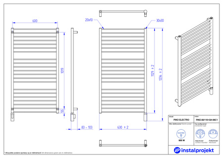Instal Projekt Piko Electro Grzejnik elektryczny  60x110 cm biały mat/white mat PIKE-60/110C34+GH-06C1