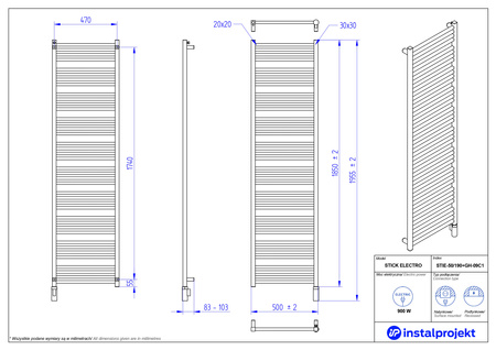 Instal Projekt Stick Electro Grzejnik elektryczny  50x190 cm czarny/black swan STIE-50/190C75+GH-09C2