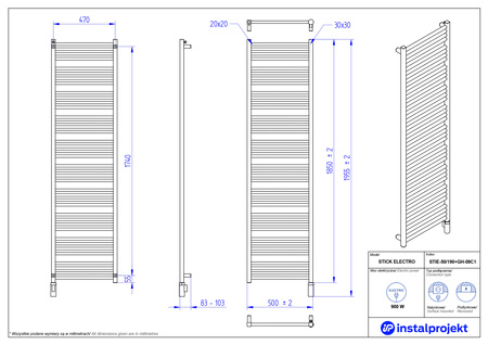 Instal Projekt Stick Electro Grzejnik elektryczny  50x190 cm czarny mat/black mat STIE-50/190C31+GH-09C2