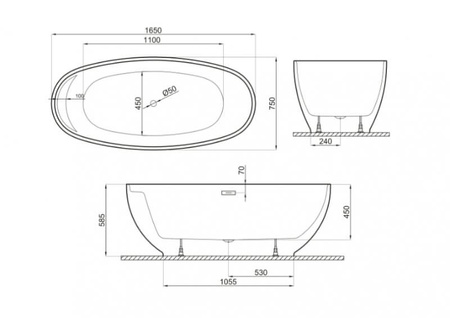 Wanna  wolnostojąca 165x75 KIVI CZARNA mat*