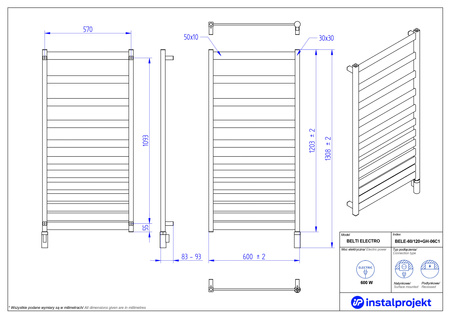 Instal Projekt Belti Electro Grzejnik elektryczny  60x120 cm biały mat/white mat BELE-60/120C34+GH-06C1