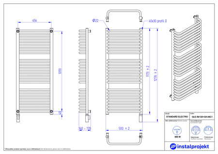 Instal Projekt Standard Electro Grzejnik elektryczny  50x120 cm biały połysk/white silk GŁE-50/120+GH-06C1