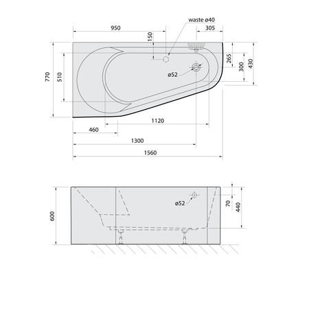 PROJEKTA L MONOLITH wanna narożna 156x77x60cm, biały/czarny