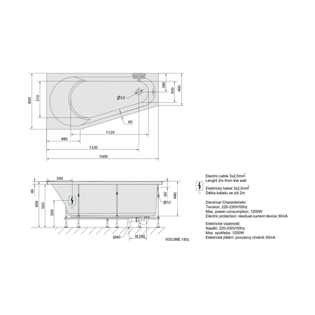 PROJEKTA L wanna z hydromasażem, 160x80x44cm, Active Hydro-Air, chrom