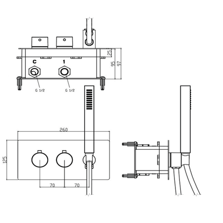RHAPSODY bateria prysznicowa termostatyczna podtynkowa, rączka prysznicowa, 2/3 wyjścia, chrom