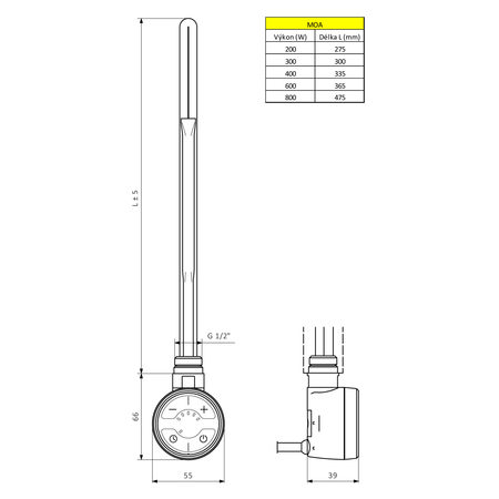 MOA grzałka elektryczna z termostatem, 300 W, chrom