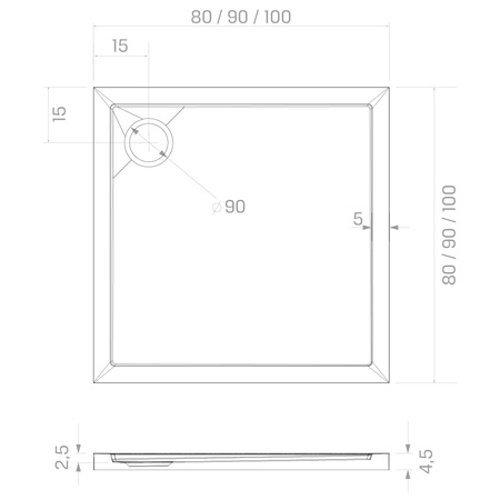 Brodzik prysznicowy CANTARE kwadratowy 100x100x5,5 gł. 3,5cm - 90