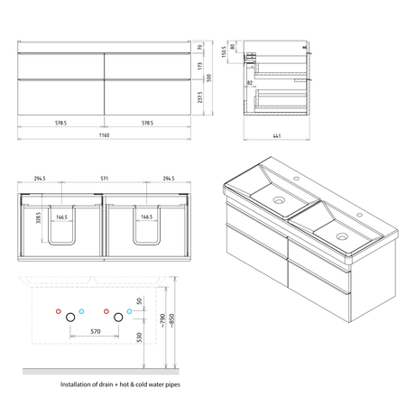 SITIA szafka umywalkowa 116x50x44,2cm, 4 szuflady, sosna rustykalna