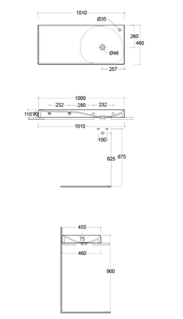 REMAL Umywalka podwieszana & nablatowa 101 X 46 cm L blat z lewej strony z otworem na baterię biały połysk