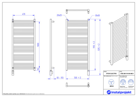 Instal Projekt Stick Electro Grzejnik elektryczny  50x110 cm biały mat/white mat STIE-50/110C34+GH-06C1