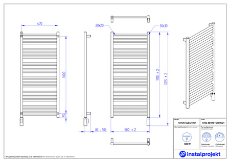 Instal Projekt Stick Electro Grzejnik elektryczny  50x110 cm czarny mat/black mat STIE-50/110C31+GH-06C2