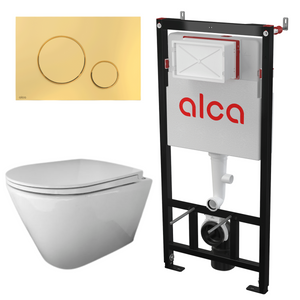 RAK Ceramics RESORT Miska WC podwiesz. Rimless 52x36 cm biały połysk ze stelażem i przyciskiem Przycisk THIN Złoty Połysk Alcadrain