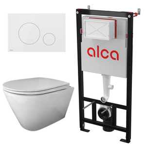 RAK Ceramics RESORT Miska WC podwiesz. Rimless 52x36 cm biały połysk ze stelażem i przyciskiem Przycisk Stalowy Flat Turn White Połysk Alcadrain