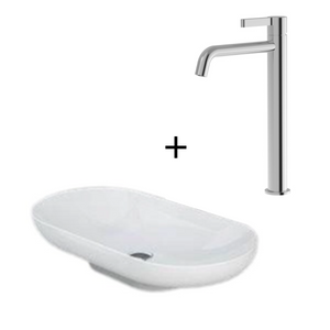 Zestaw DES UMYWALKA NABLATOWA 70X35CM OWALNA BIAŁY POŁYSK + Bateria nablatowa wysoka ICONIC Chrom