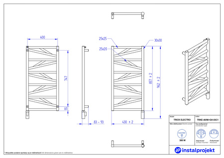 Instal Projekt Trick Electro Grzejnik elektryczny  40x90 cm czarny mat/black mat TRKE-40/90C31+GH-03C2